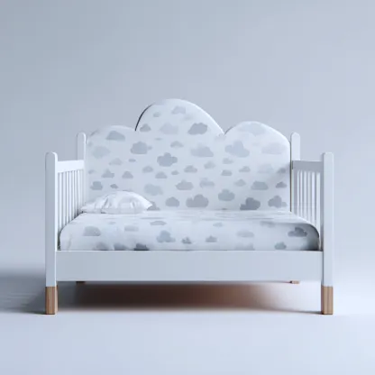 Kinderbett mit Wolkenmuster und Holzbeinen 200x90x95 cm - Weiß - Grau - Naturholz - Modernes Design - geeignet für Schlafzimmer-Domainota