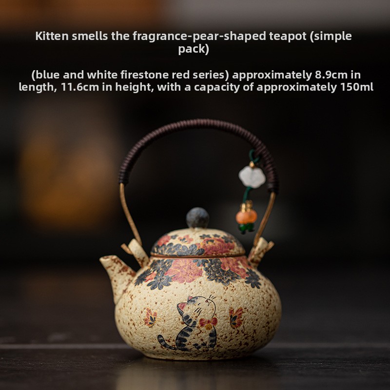 Heat-Resistant Pear-Shaped Beam Teapot - Blue and White Fire Stone Red Kitten Pattern Ceramic Teapot, Traditional Chinese Teapot Perfect as Gift