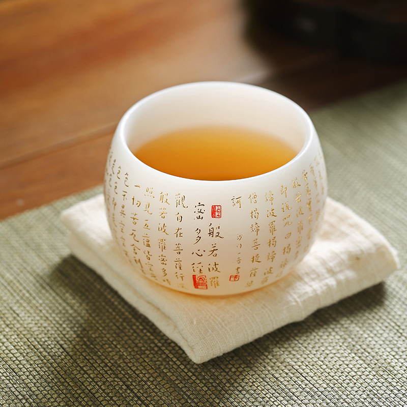TEAGIFT Guo Zhibao Thousand Miles of Rivers and Mountains Biscuit Fired Teacup – High-End Suet Jade Ice-Like White Porcelain Master Cup, Personal Exclusive Ceramic Tea Cup for Solo Use