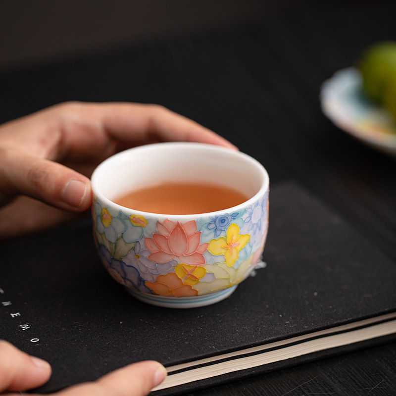 TEAGIFT Jingdezhen Relief Hand-Painted Underglaze Color Tea Cup – Pulled Thread Thousand Flowers Master Cup, Personal Tea Tasting Accessory