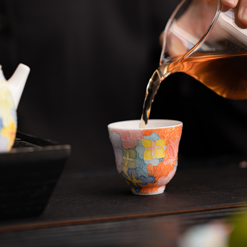 TEAGIFT Jingdezhen Relief Hand-Painted Underglaze Color Tea Cup – Pulled Thread Thousand Flowers Master Cup, Personal Tea Tasting Accessory