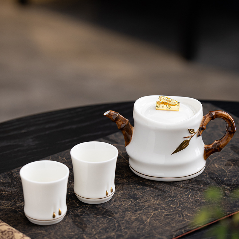 Handmade Suet Jade Porcelain Golden Cicada Teapot by Master Li Huiyi - Embossed Bamboo Joint, Large Capacity High-End Pure Gold Tea Pot