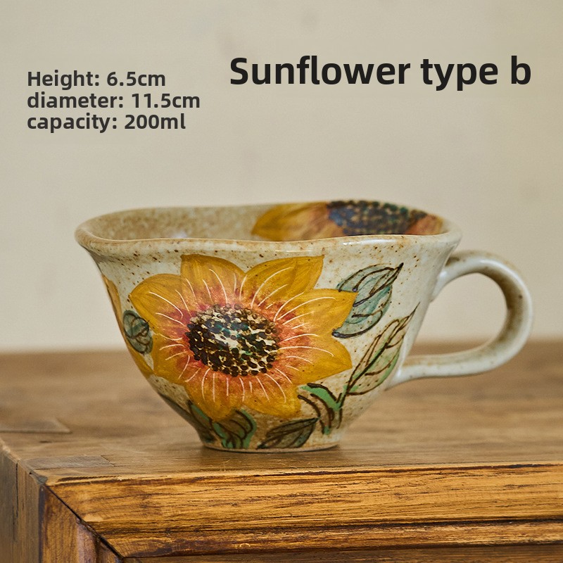 Taomeiji Neo-Chinese Style Handmade Ceramic Mug – Hand-Painted Sunflower Coffee Cup, Small Capacity Couple Mugs for Daily Use