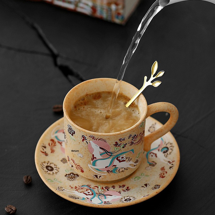 TEAGIFT Dunhuang Flying Apsaras Coffee Mug – Handmade Stoneware Cup & Saucer Set, Japanese Retro Minimalist Water Cup