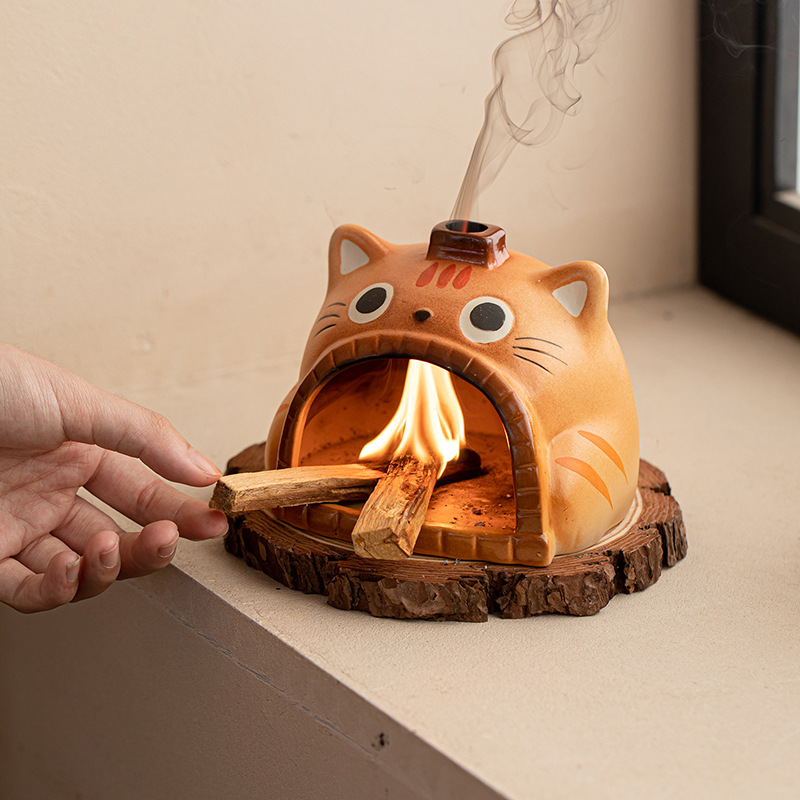 Cute Cat Ceramic Incense Burner Fireplace - Cartoon Smudge Bowl for Sage Palo Santo Cedar Lavender, Decorative Aromatherapy Holder for Home & Gift
