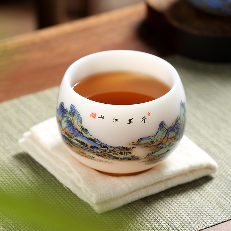 TEAGIFT Guo Zhibao Thousand Miles of Rivers and Mountains Biscuit Fired Teacup – High-End Suet Jade Ice-Like White Porcelain Master Cup, Personal Exclusive Ceramic Tea Cup for Solo Use