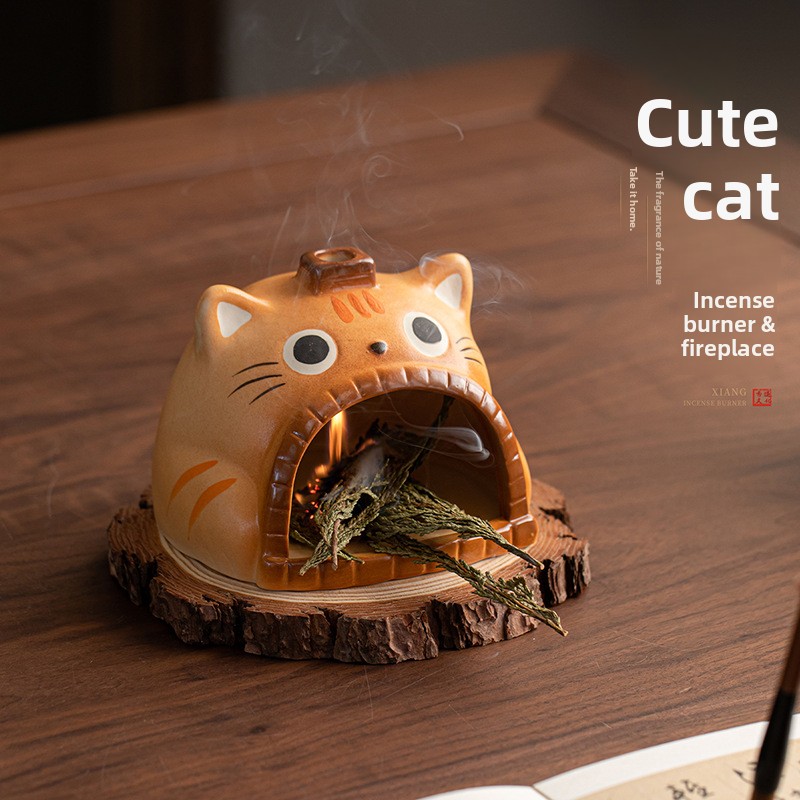 Cute Cat Ceramic Incense Burner Fireplace - Cartoon Smudge Bowl for Sage Palo Santo Cedar Lavender, Decorative Aromatherapy Holder for Home & Gift