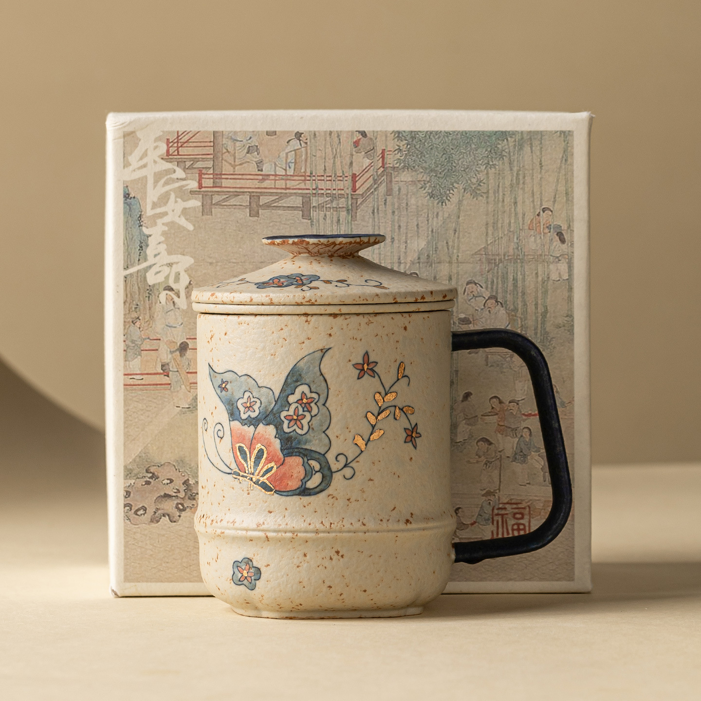 Factory Direct Blue and White Porcelain Mug with Lid - Fire Stone Red Butterfly & Flower Tea Cup, Vintage Ceramic Tea-Water Separation Mug for Home & Gift