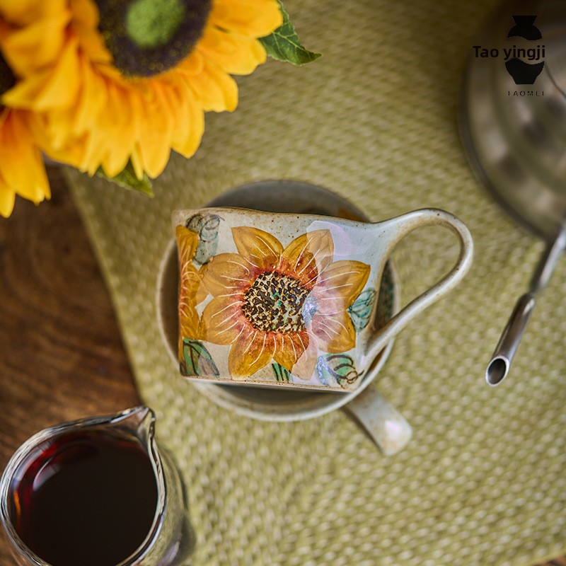 Taomeiji Neo-Chinese Style Handmade Ceramic Mug – Hand-Painted Sunflower Coffee Cup, Small Capacity Couple Mugs for Daily Use
