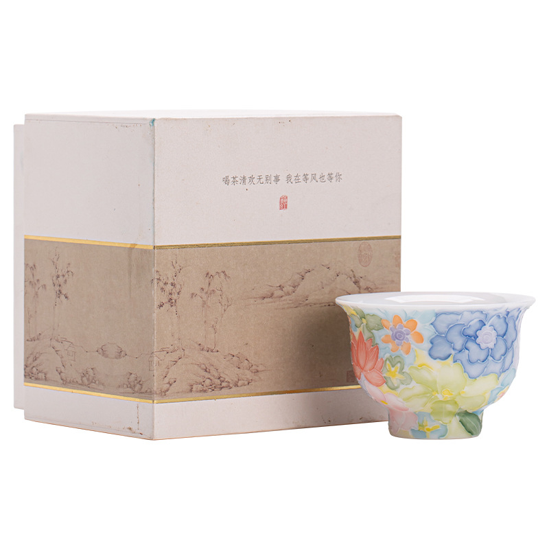 TEAGIFT Jingdezhen Relief Hand-Painted Underglaze Color Tea Cup – Pulled Thread Thousand Flowers Master Cup, Personal Tea Tasting Accessory