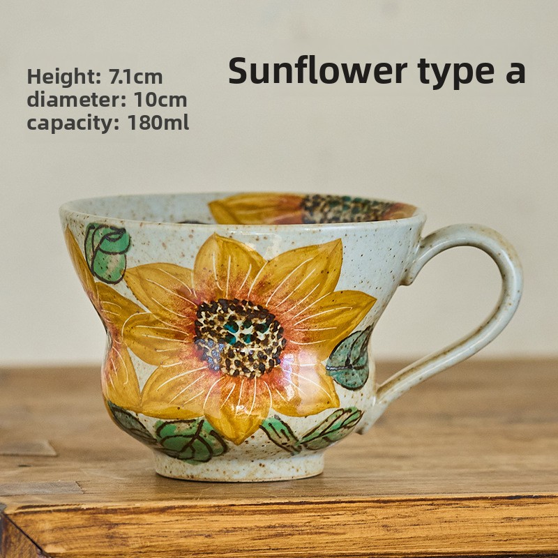 Taomeiji Neo-Chinese Style Handmade Ceramic Mug – Hand-Painted Sunflower Coffee Cup, Small Capacity Couple Mugs for Daily Use