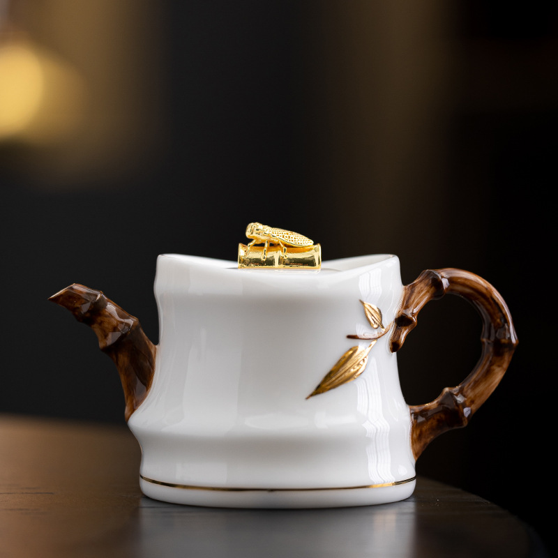 Handmade Suet Jade Porcelain Golden Cicada Teapot by Master Li Huiyi - Embossed Bamboo Joint, Large Capacity High-End Pure Gold Tea Pot