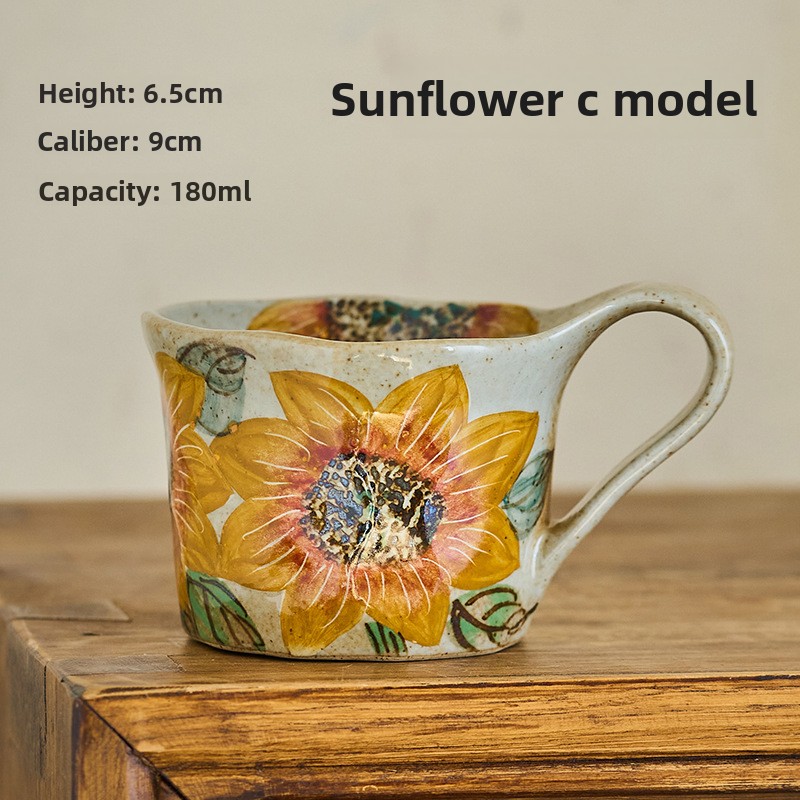 Taomeiji Neo-Chinese Style Handmade Ceramic Mug – Hand-Painted Sunflower Coffee Cup, Small Capacity Couple Mugs for Daily Use