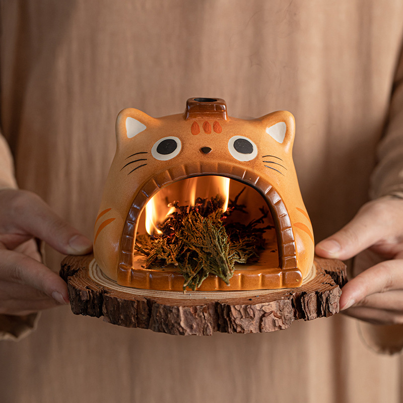 Cute Cat Ceramic Incense Burner Fireplace - Cartoon Smudge Bowl for Sage Palo Santo Cedar Lavender, Decorative Aromatherapy Holder for Home & Gift