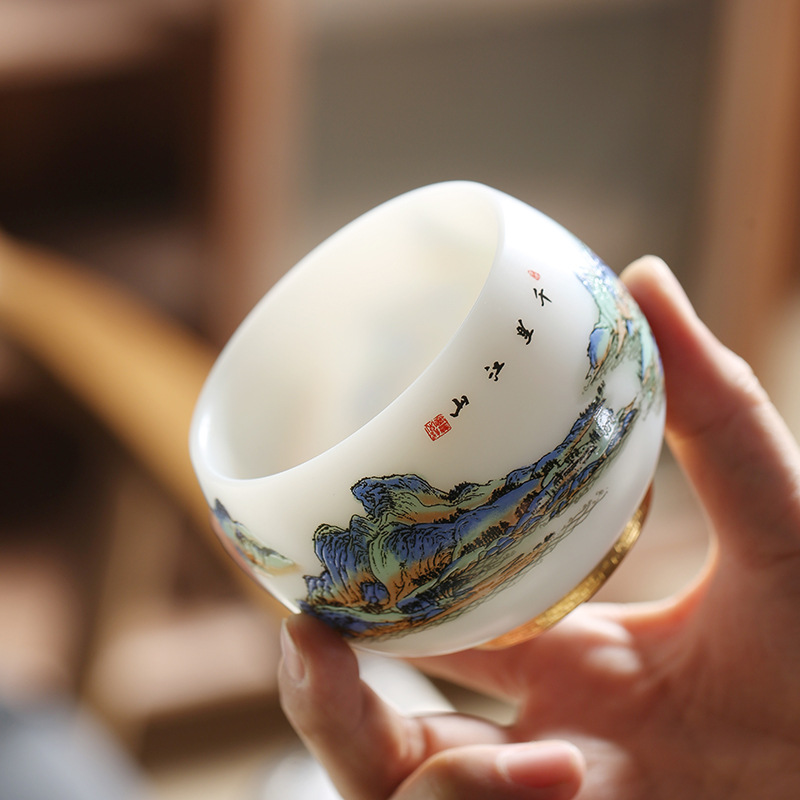 TEAGIFT Guo Zhibao Thousand Miles of Rivers and Mountains Biscuit Fired Teacup – High-End Suet Jade Ice-Like White Porcelain Master Cup, Personal Exclusive Ceramic Tea Cup for Solo Use