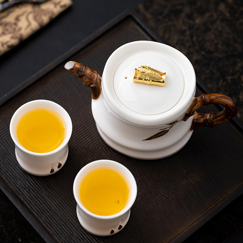 Handmade Suet Jade Porcelain Golden Cicada Teapot by Master Li Huiyi - Embossed Bamboo Joint, Large Capacity High-End Pure Gold Tea Pot