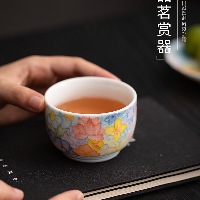 TEAGIFT Jingdezhen Relief Hand-Painted Underglaze Color Tea Cup – Pulled Thread Thousand Flowers Master Cup, Personal Tea Tasting Accessory