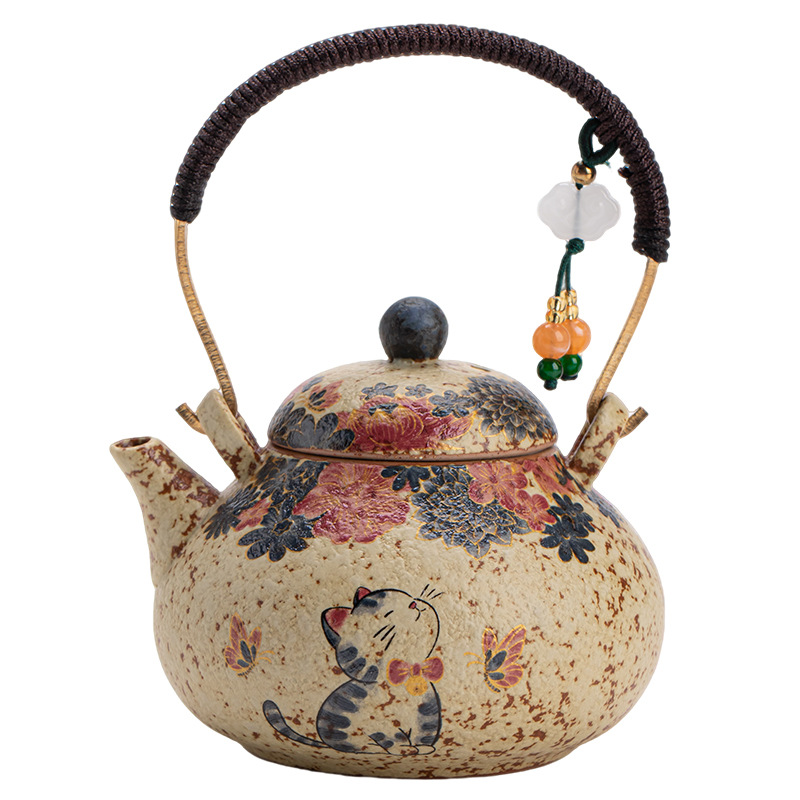 Heat-Resistant Pear-Shaped Beam Teapot - Blue and White Fire Stone Red Kitten Pattern Ceramic Teapot, Traditional Chinese Teapot Perfect as Gift