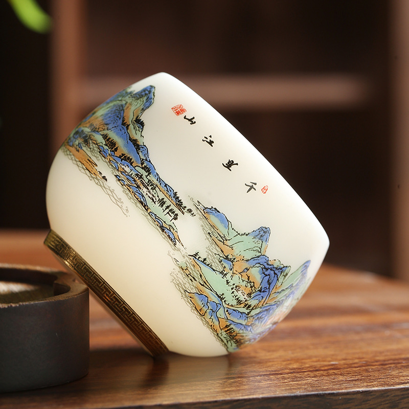 TEAGIFT Guo Zhibao Thousand Miles of Rivers and Mountains Biscuit Fired Teacup – High-End Suet Jade Ice-Like White Porcelain Master Cup, Personal Exclusive Ceramic Tea Cup for Solo Use
