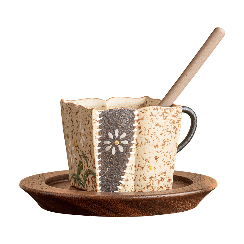 Blue and White Fire Stone Red Espresso Cup - Gold-Painted Hand-Painted Daisy Square Lotus Tea Tasting Cup, Single Host Cup for Tea & Coffee