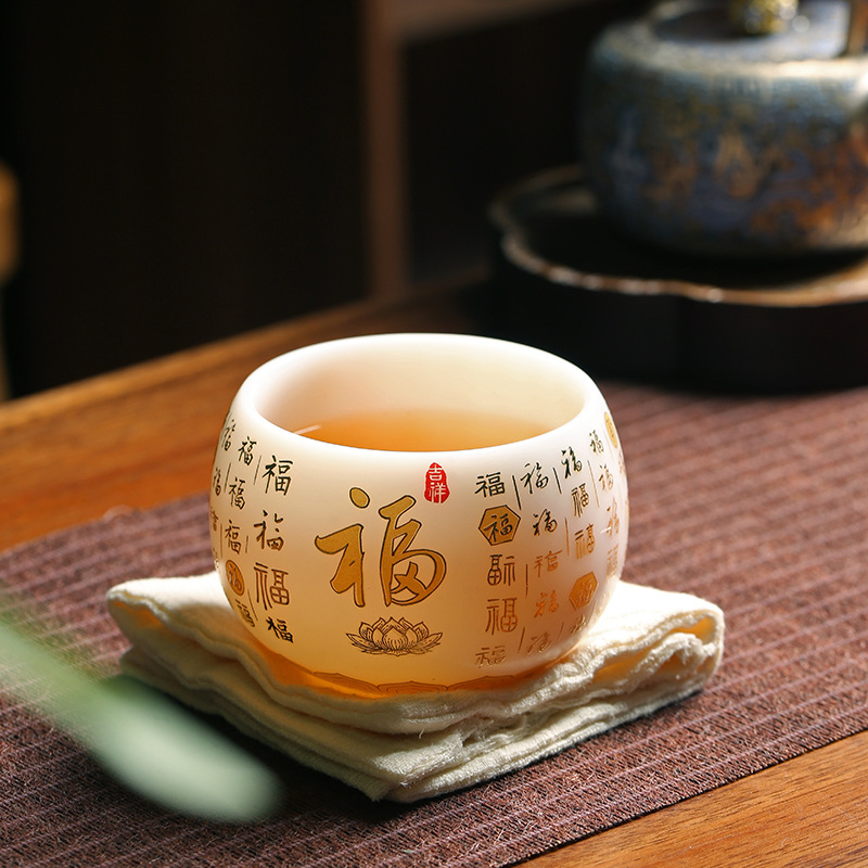 TEAGIFT Guo Zhibao Thousand Miles of Rivers and Mountains Biscuit Fired Teacup – High-End Suet Jade Ice-Like White Porcelain Master Cup, Personal Exclusive Ceramic Tea Cup for Solo Use