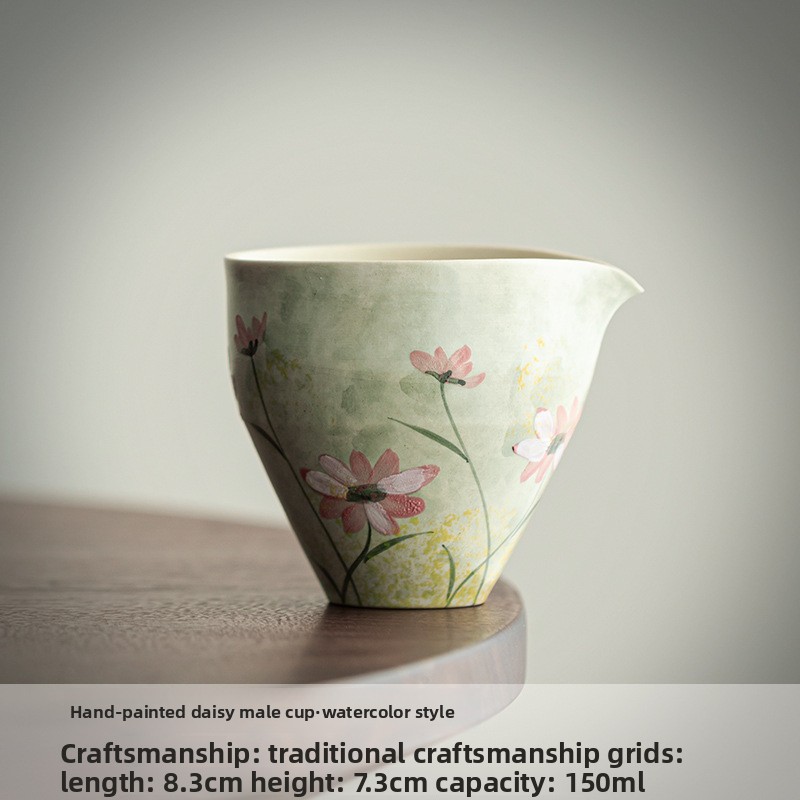 TEAGIFT Hand-Painted Daisy Stoneware Fair Cup – Watercolor Style Tea Sea, Equalizing Cup for Home Kung Fu Tea Ceremony
