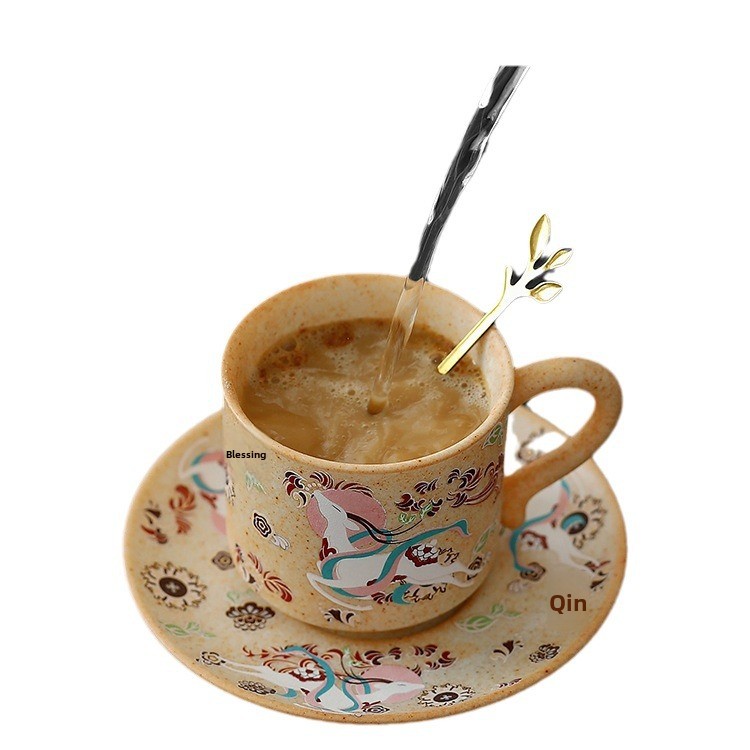 TEAGIFT Dunhuang Flying Apsaras Coffee Mug – Handmade Stoneware Cup & Saucer Set, Japanese Retro Minimalist Water Cup