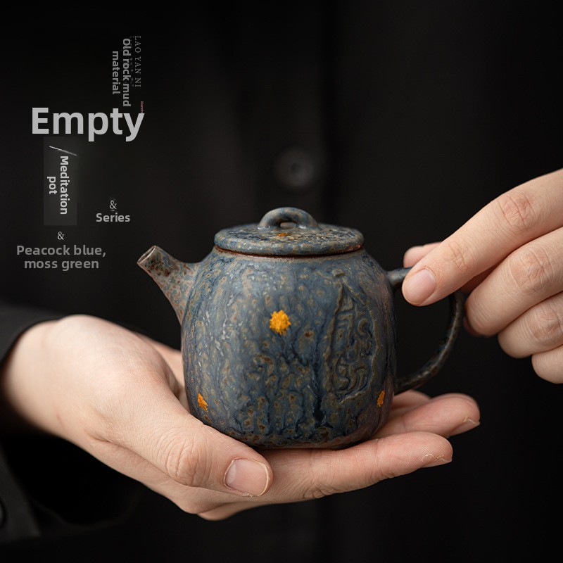 TEAGIFT Vintage High-End Kung Fu Teapot – Kongji Zhai Old Rock Clay Meditation Pot, Bronze Detail, Seasonable Home Tea Brewing Single Pot