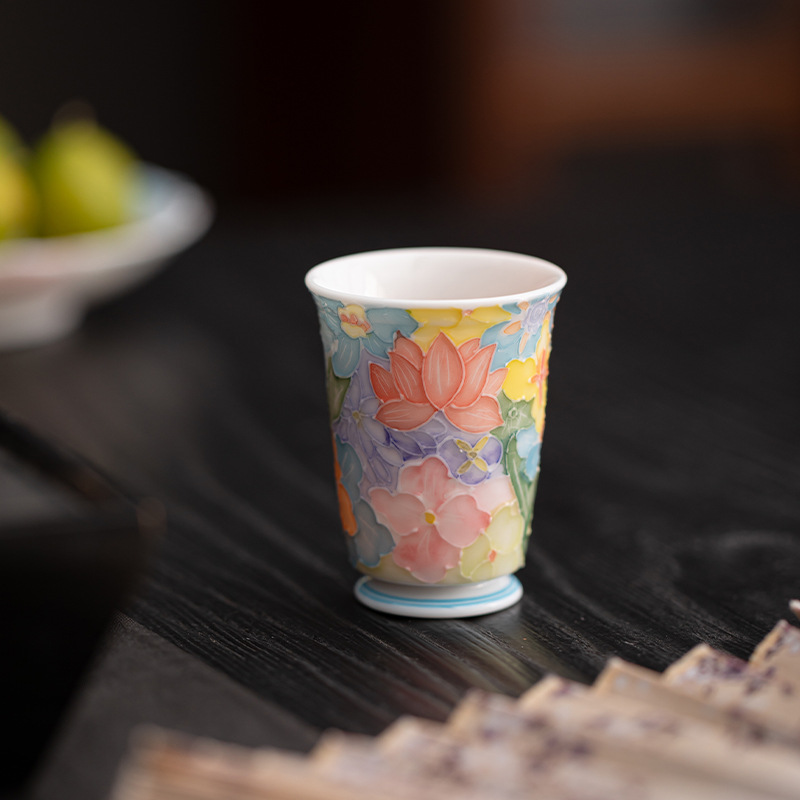 TEAGIFT Jingdezhen Relief Hand-Painted Underglaze Color Tea Cup – Pulled Thread Thousand Flowers Master Cup, Personal Tea Tasting Accessory