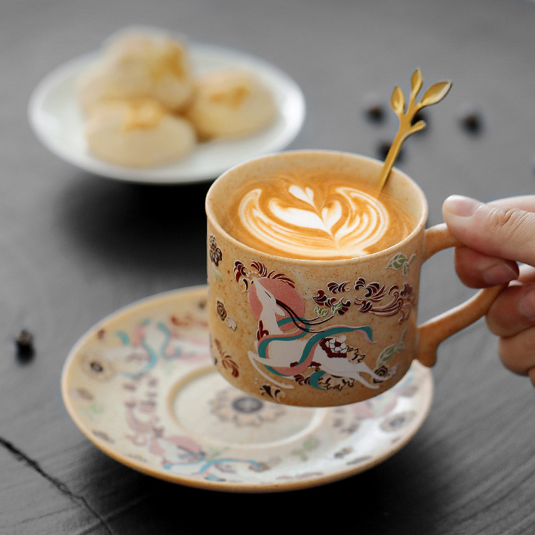 TEAGIFT Dunhuang Flying Apsaras Coffee Mug – Handmade Stoneware Cup & Saucer Set, Japanese Retro Minimalist Water Cup