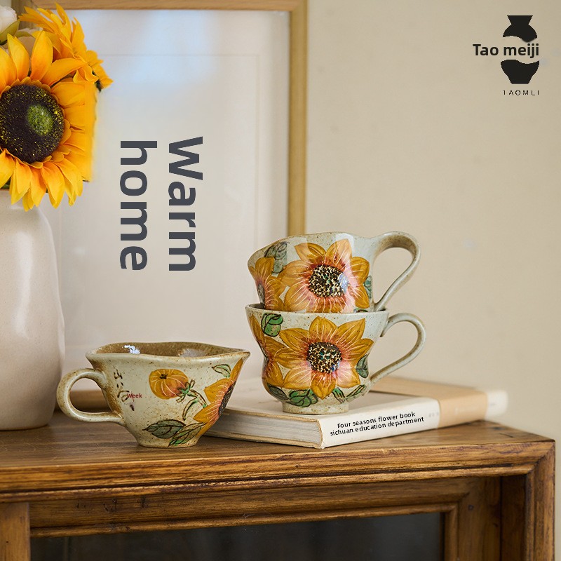 Taomeiji Neo-Chinese Style Handmade Ceramic Mug – Hand-Painted Sunflower Coffee Cup, Small Capacity Couple Mugs for Daily Use