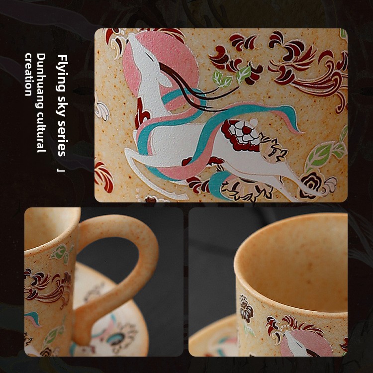 TEAGIFT Dunhuang Flying Apsaras Coffee Mug – Handmade Stoneware Cup & Saucer Set, Japanese Retro Minimalist Water Cup