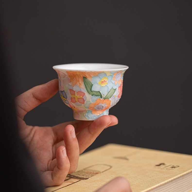 TEAGIFT Jingdezhen Relief Hand-Painted Underglaze Color Tea Cup – Pulled Thread Thousand Flowers Master Cup, Personal Tea Tasting Accessory
