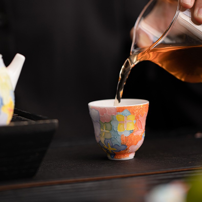 TEAGIFT Jingdezhen Relief Hand-Painted Underglaze Color Tea Cup – Pulled Thread Thousand Flowers Master Cup, Personal Tea Tasting Accessory