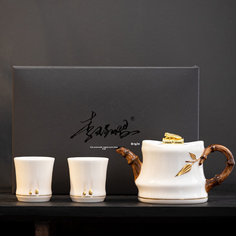 Handmade Suet Jade Porcelain Golden Cicada Teapot by Master Li Huiyi - Embossed Bamboo Joint, Large Capacity High-End Pure Gold Tea Pot