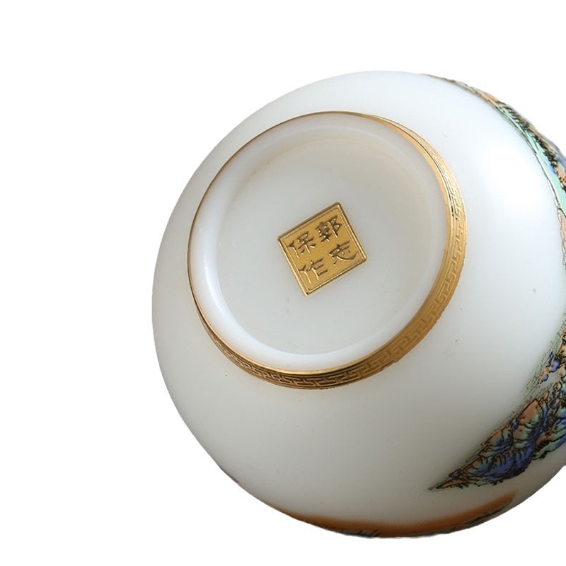 TEAGIFT Guo Zhibao Thousand Miles of Rivers and Mountains Biscuit Fired Teacup – High-End Suet Jade Ice-Like White Porcelain Master Cup, Personal Exclusive Ceramic Tea Cup for Solo Use