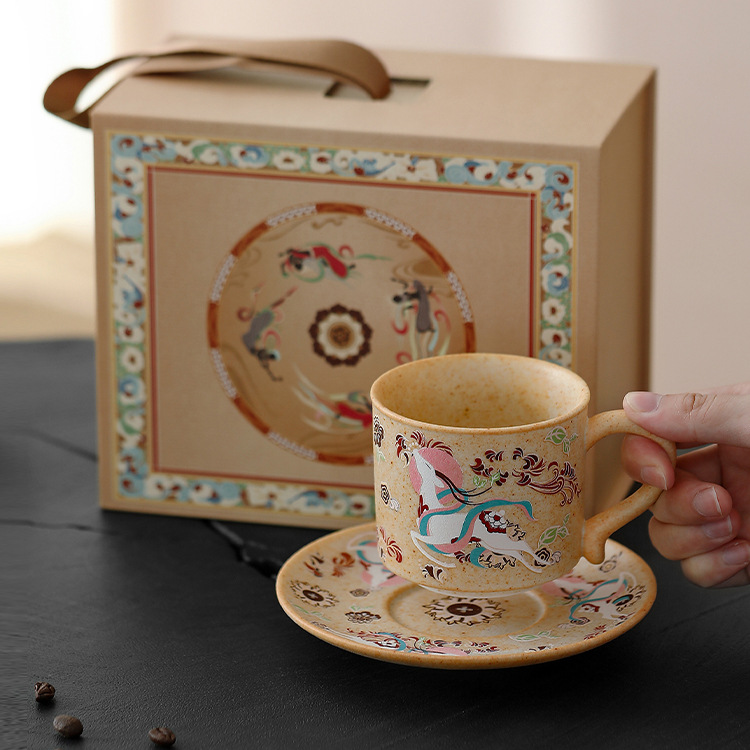 TEAGIFT Dunhuang Flying Apsaras Coffee Mug – Handmade Stoneware Cup & Saucer Set, Japanese Retro Minimalist Water Cup