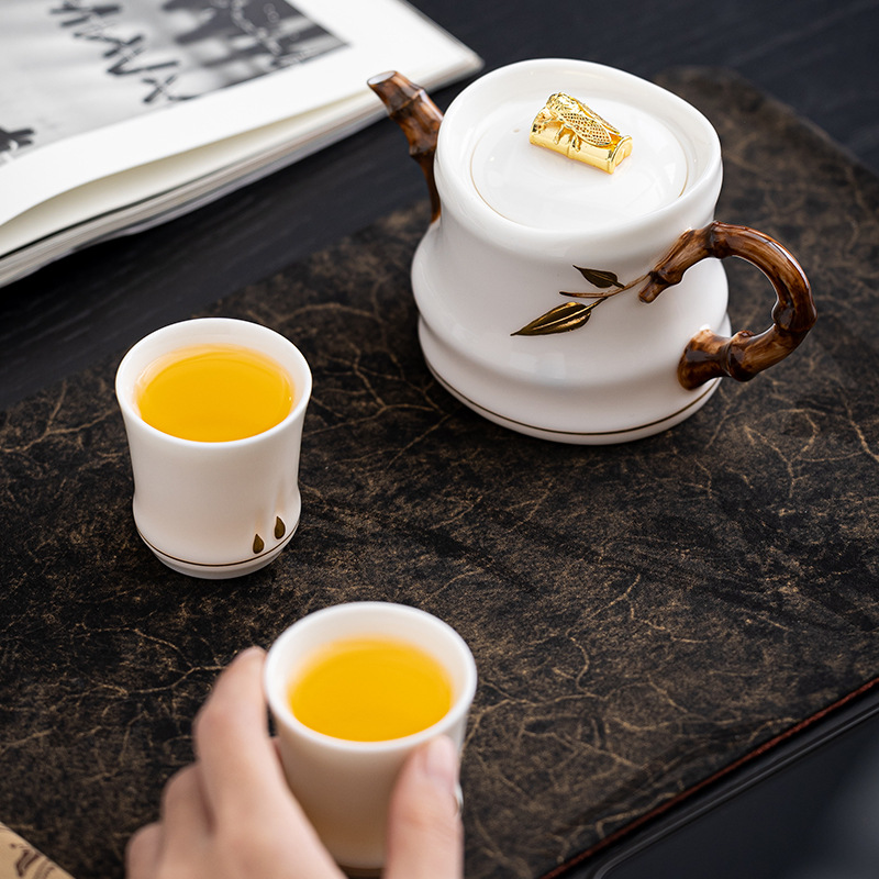 Handmade Suet Jade Porcelain Golden Cicada Teapot by Master Li Huiyi - Embossed Bamboo Joint, Large Capacity High-End Pure Gold Tea Pot