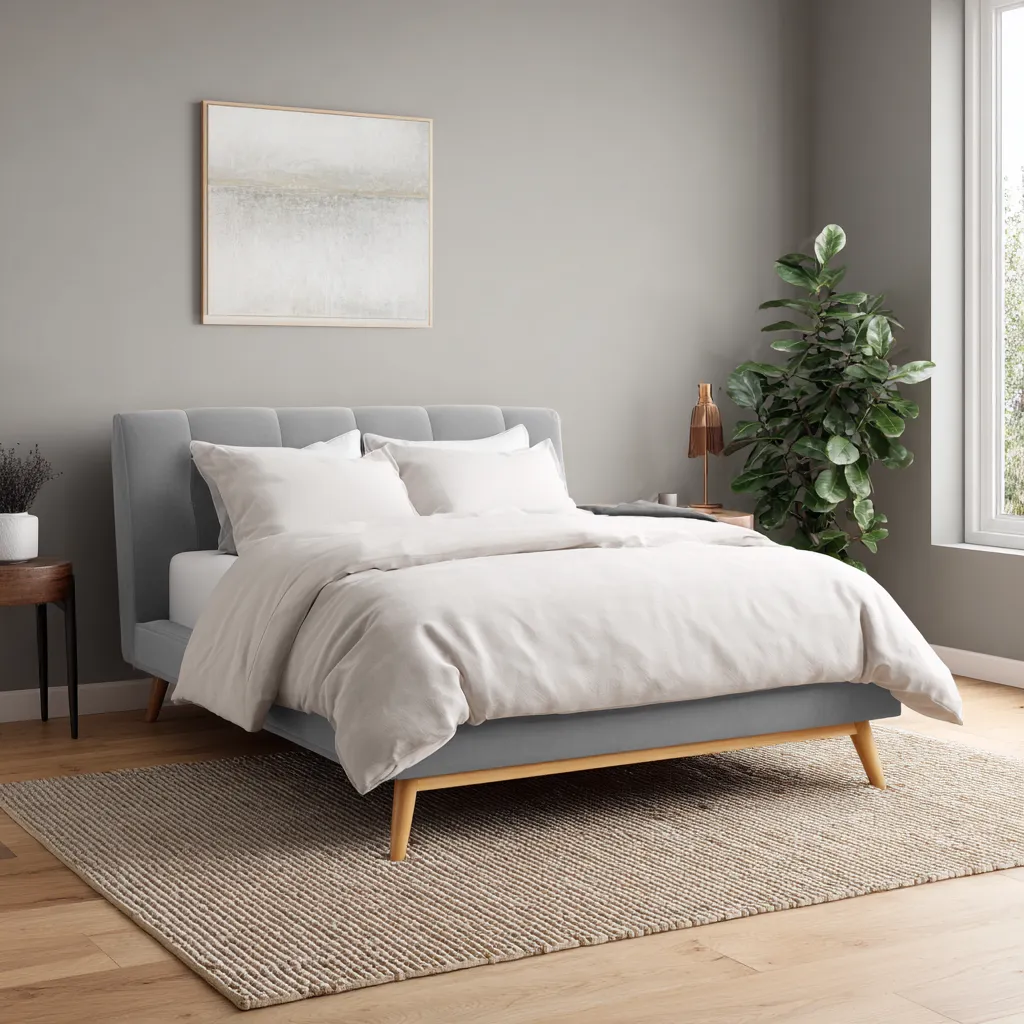 Letto matrimoniale tessuto-legno 210x165x115 cm - grigio chiaro-legno naturale - per camera - design moderno-Havenilo