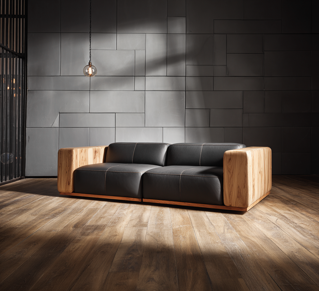 Divano lineare pelle-legno 240x110x85 cm nero-naturale design moderno per soggiorno-Havenilo