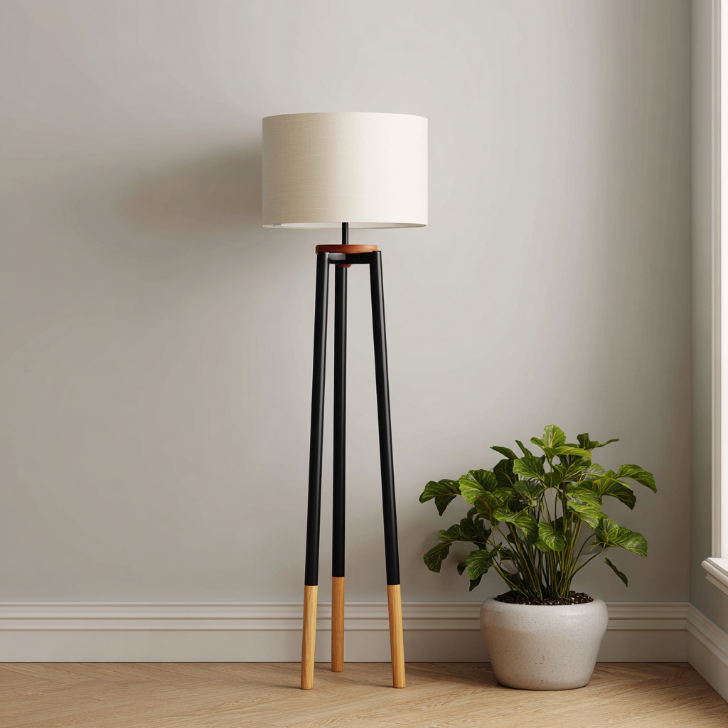 Lampada da terra metallo-legno-tessuto 30x30x155 cm - nero-legno-beige - design moderno-Havenilo