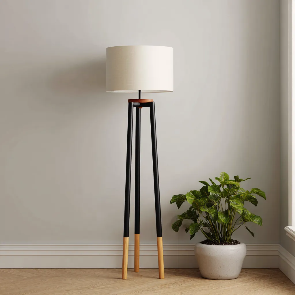 Lampada da terra metallo-legno-tessuto 30x30x155 cm - nero-legno-beige - design moderno-Havenilo