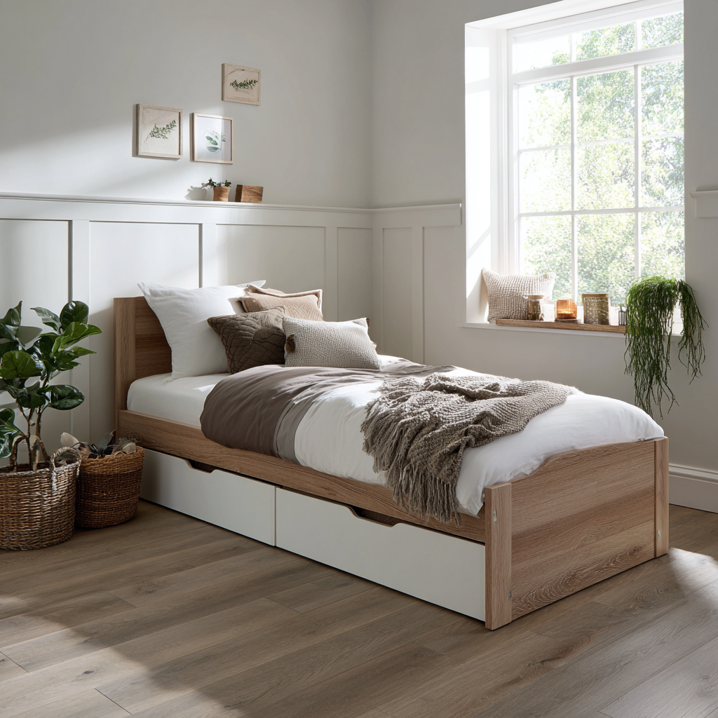 Letto singolo legno 205x100x95 cm - rovere chiaro-bianco - per camera - design moderno-Havenilo