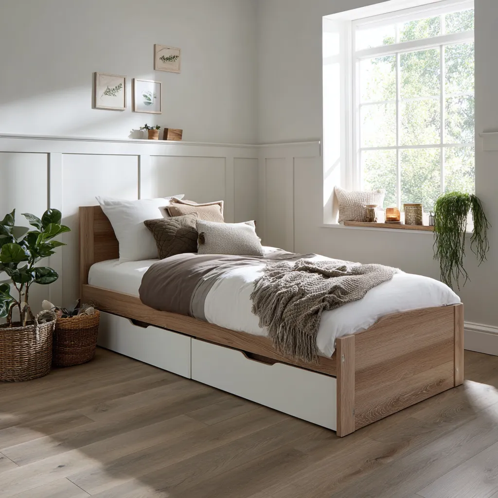 Letto singolo legno 205x100x95 cm - rovere chiaro-bianco - per camera - design moderno-Havenilo