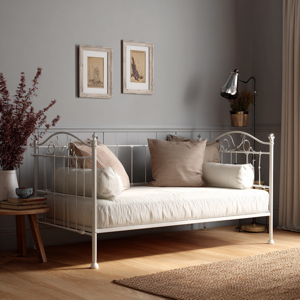 Divano letto in metallo 200x95x85 cm - bianco-beige - stile classico-Havenilo