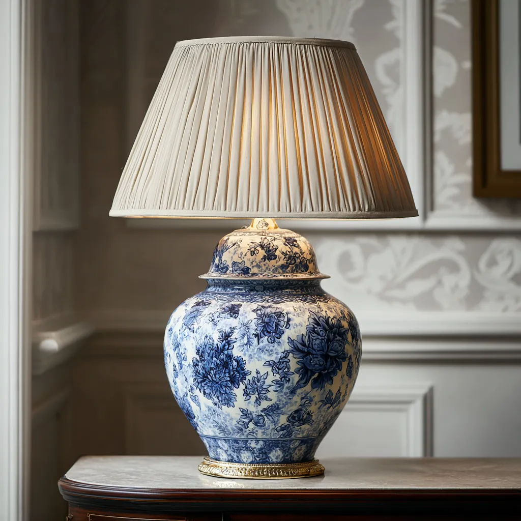 Lampada da tavolo ceramica-tessuto 28x28x45 cm - bianco-blu-beige - stile classico-Havenilo