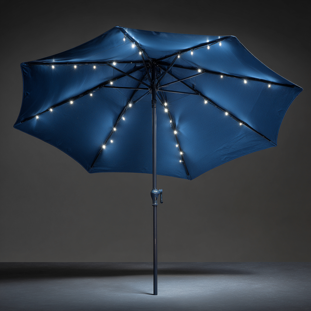Ombrellone da giardino 250x250x260 cm tessuto blu scuro con palo in metallo e luci LED integrate per terrazza e giardino design moderno-Havenilo