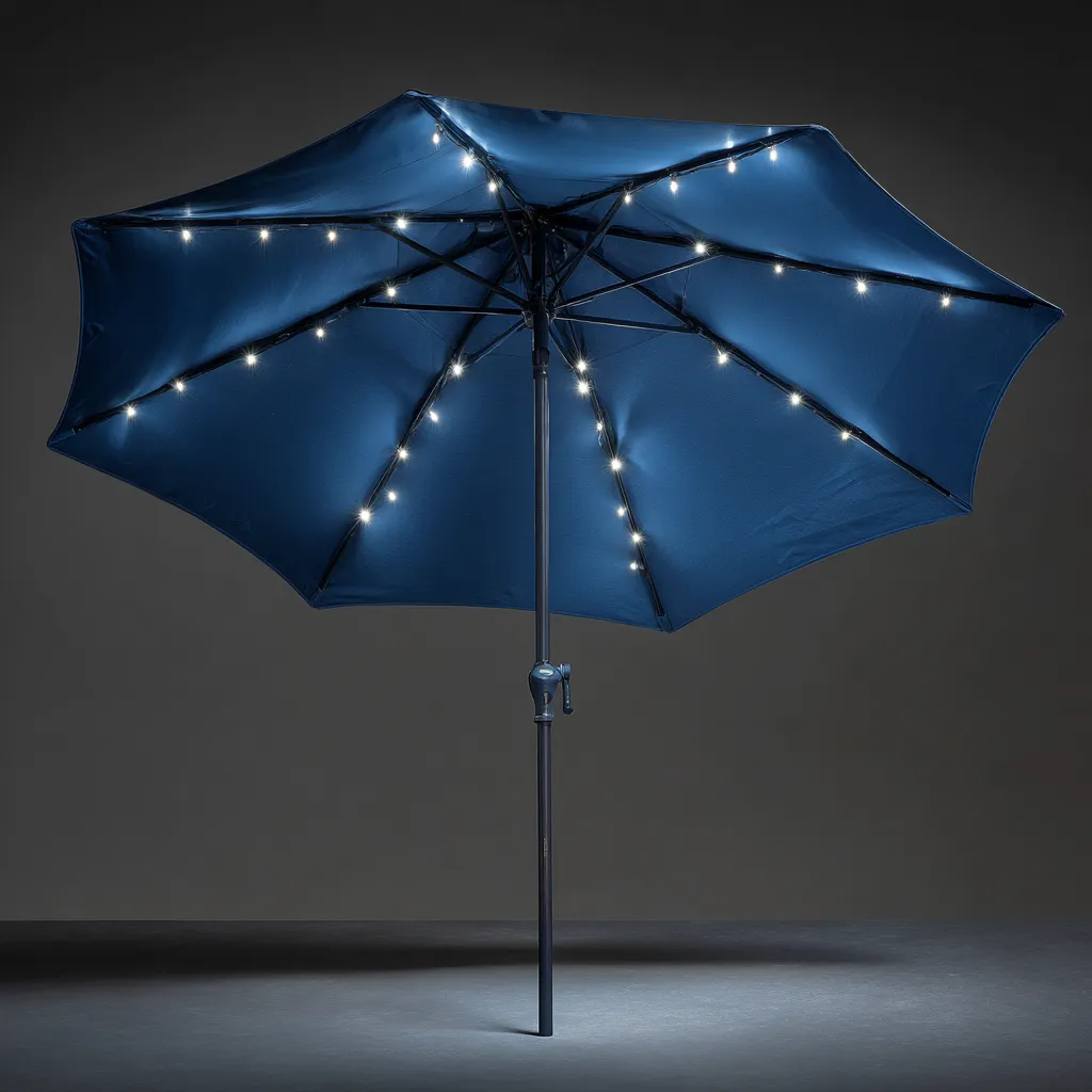 Ombrellone da giardino 250x250x260 cm tessuto blu scuro con palo in metallo e luci LED integrate per terrazza e giardino design moderno-Havenilo