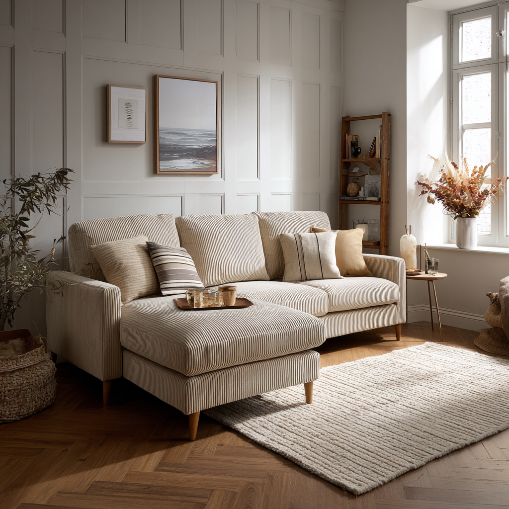 Divano angolare tessuto 285x100x85 cm beige design moderno per soggiorno-Havenilo