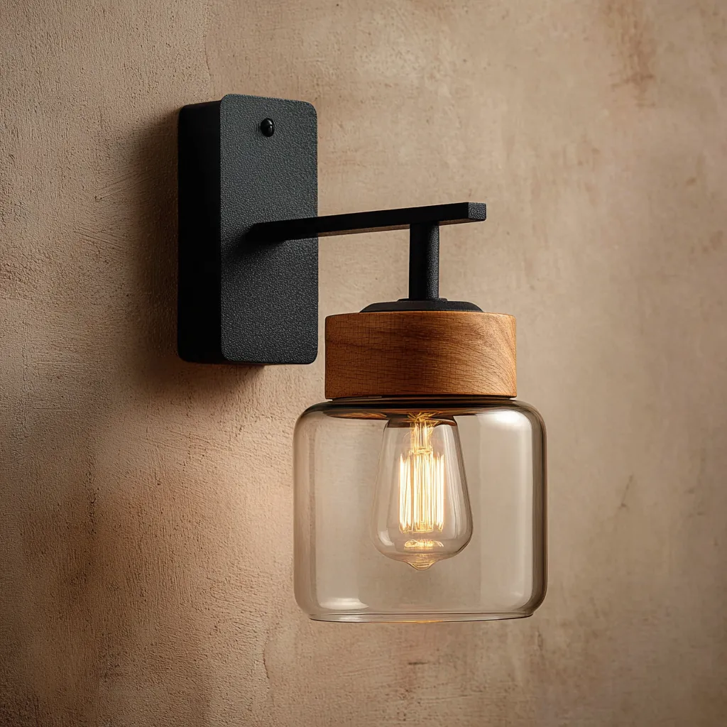 Applique in metallo e vetro 15x12x22 cm Nero-Legno per ambiente interno - design moderno-Havenilo